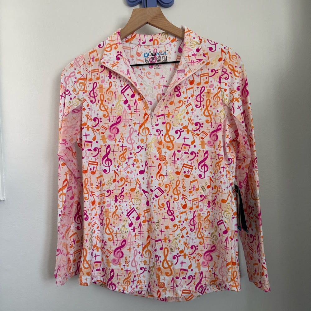Ibkul Small NEW Long Sleeve Zip Mock Neck Take Note Pink/Coral Music Athletic